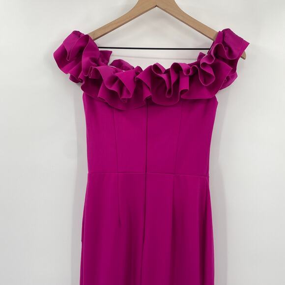 Xscape Ruffled Off Shoulder Gown Crepe High Leg Slit Maxi Dress Magenta Pink 2 - Picture 6 of 8